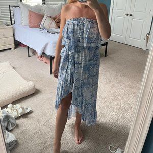 Strapless Blue/White high low Dress with Tie and Ruffle Detail - S